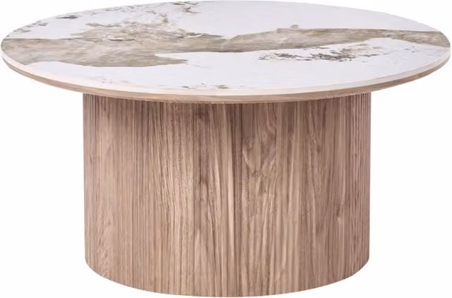 Tavolino con base in MDF e piano in marmo bianco ceramico Design moderno Gambe scanalate ø 80 cm marrone