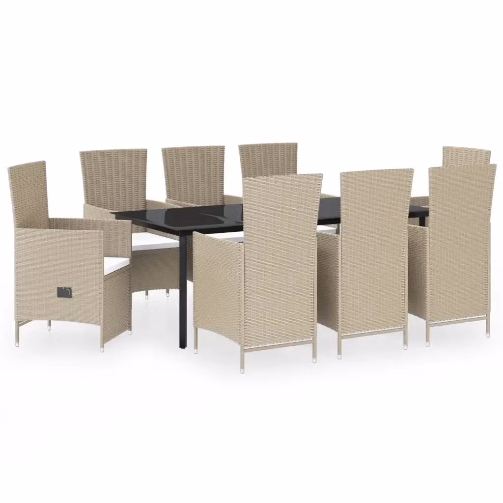 Set da pranzo da giardino vidaXL in polyrattan con tavolo in vetro e 9 pezzi con cuscini beige, nero e bianco – 2