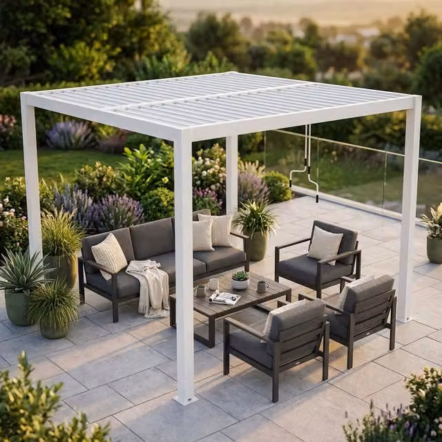 Pergola bioclimatica moderna Bob Gardens TONY in alluminio e legno colore bianco