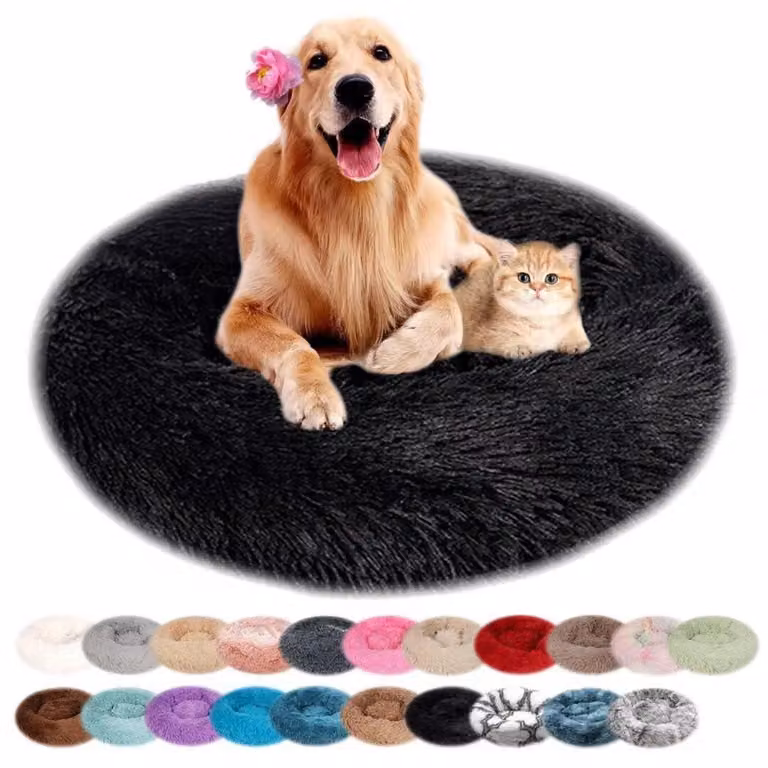 Cuccia per cani, rotonda, in peluche, lavabile, antiscivolo, nera, 60 cm