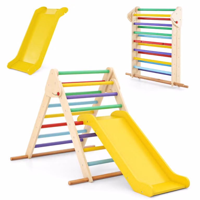 COSTWAY triangolo di arrampicata, struttura di arrampicata 3 in 1 per interni pieghevole, triangolo di arrampicata in legno per scivolare per bambini da 1 anno di età Colorato