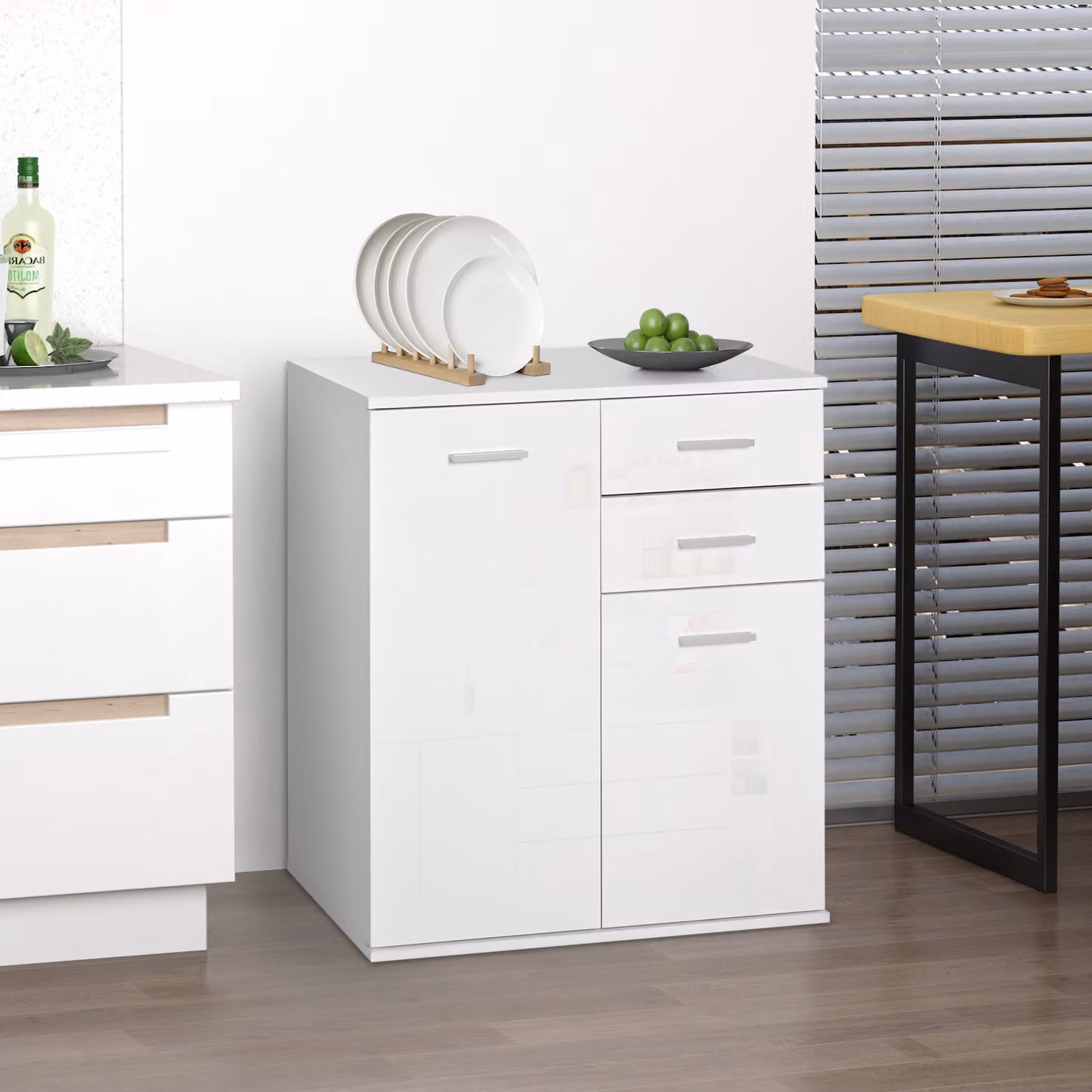 Cassettiera da ufficio HOMCOM con 2 cassetti e 2 ante, ripiano regolabile, finitura bianca lucida, L: 71 cm, P: 35 cm, H: 76 cm – 2