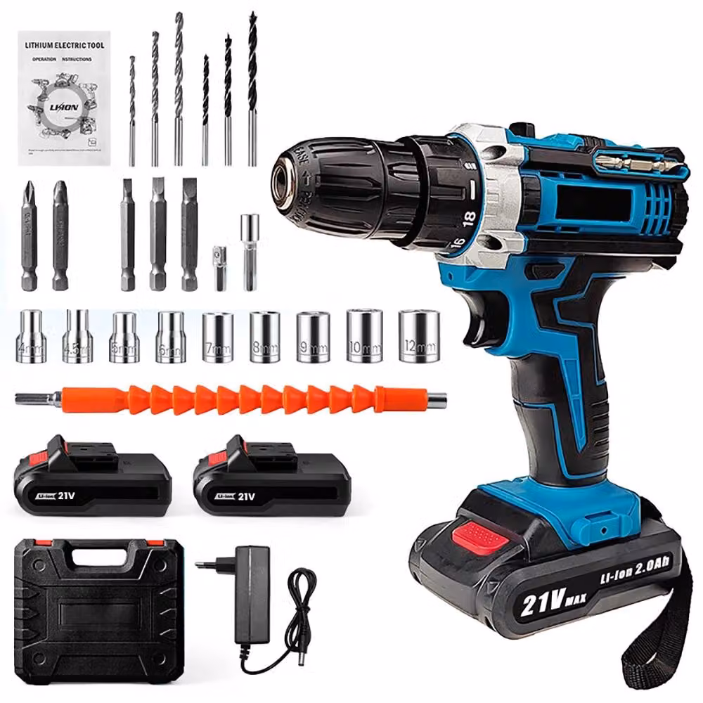 Trapano avvitatore a batteria - Avvitatore elettrico senza fili - 21 V - 1600 giri/min - Coppia di serraggio di 32 Nm - 2 batterie - Colore blu