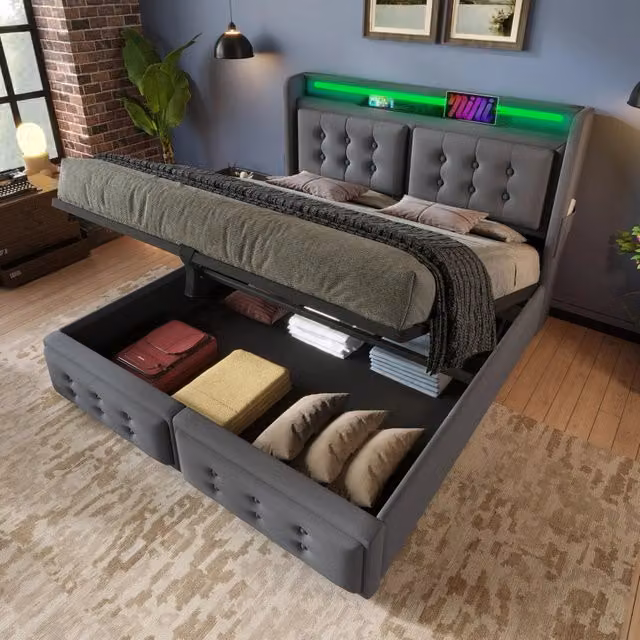 Letto matrimoniale 140 × 200 cm con vano contenitore, LED regolabile e prese USB e tipo C, senza materasso, grigio