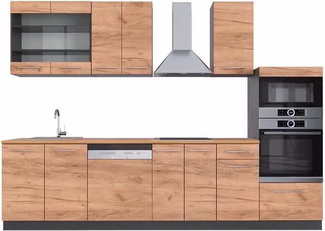 Cucina componibile moderna Vicco Fame-Line Rovere dorato e Antracite, L: 300 cm – 1