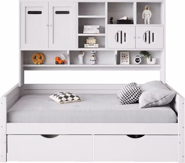 Divano letto in legno 90x200 multifunzionale bianco con cassetti e rete a doghe inclusa