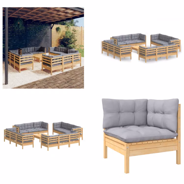 vidaXL set da salotto da giardino 13 pezzi con cuscini grigi in legno di pino - set da salotto da giardino - set da salotto da giardino - set da salotto