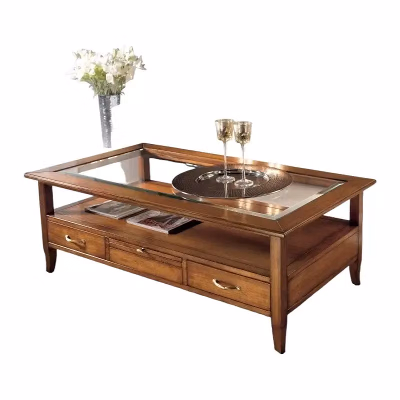 Tavolino rettangolare classico in legno e vetro con piano trasparente Mobili 2G L: 130 cm, P: 70 cm, H: 48 cm – 2