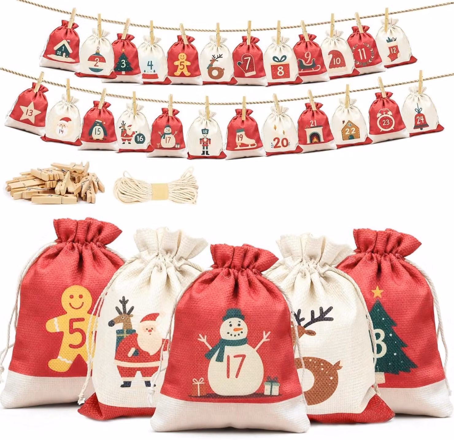 Calendario dell'Avvento da riempire personalmente - 24 elementi - Modello 2025 - 18 x 13 cm - Sacchetti per calendario dell'Avvento da riempire personalmente - Calendario di Natale - Sacchetti in juta