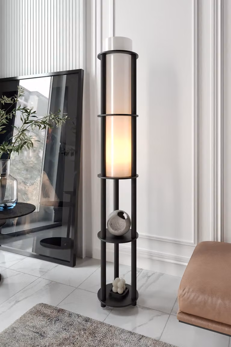 Opviq, moderna lampada da terra in carta craft e MDF, nera, altezza 150 cm, 1 x E27 max 40 W, IP20, elegante design industriale per interni di classe.