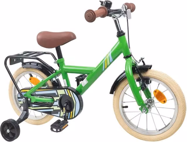Bicicletta per bambini da 14 pollici verde con componenti in metallo e gomma