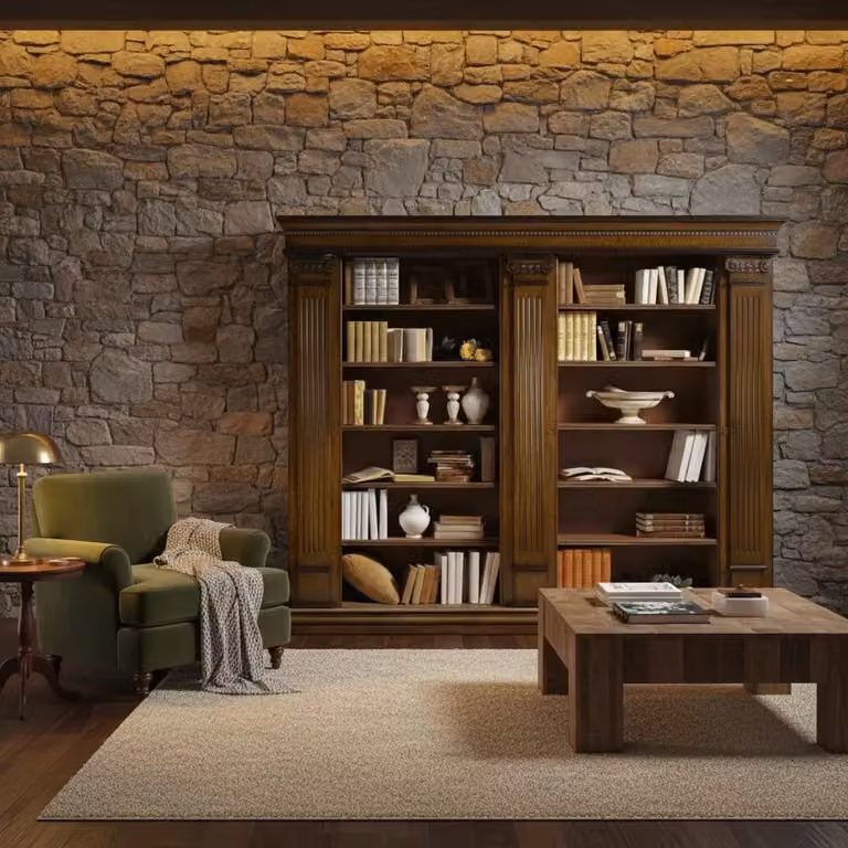 Libreria classica in legno di faggio color marrone con 3 porte e 22 ripiani Mobili 2G L: 306 cm, P: 52 cm, H: 240 cm
