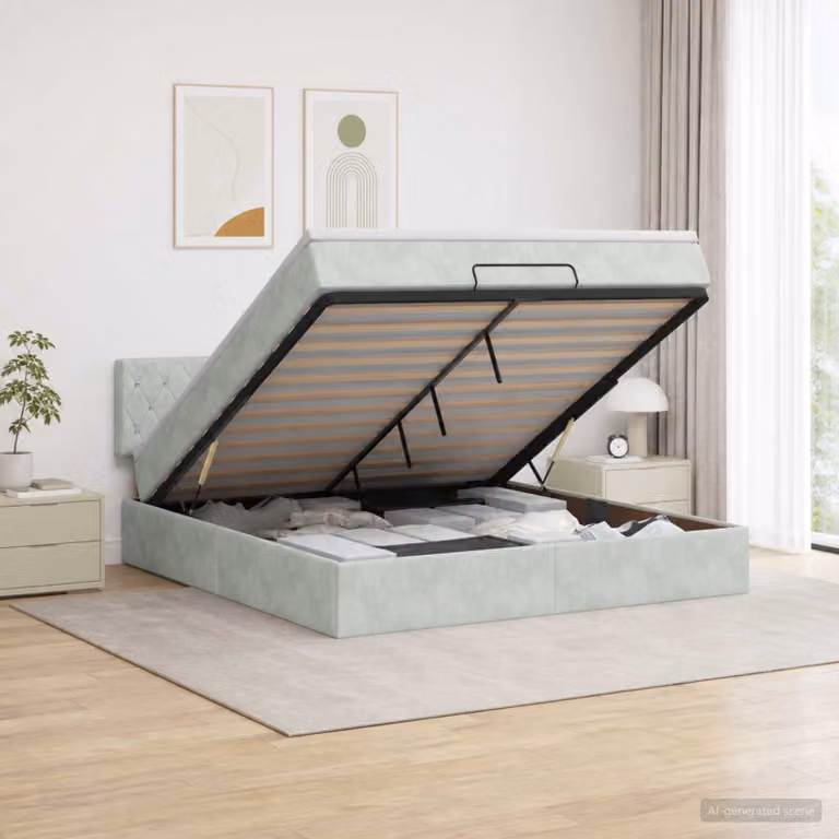 Letto ottomano con materasso vidaXL in velluto grigio, L/P/H: 190 x 140 x 88 cm