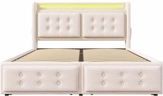 Letto imbottito 160x200 cm con testiera in pelle, 4 cassetti e funzione di ricarica USB-C, struttura in legno e metallo, colore beige