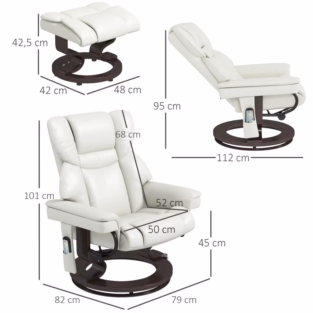 Poltrona relax elettrica girevole WISHDOR con poggiapiedi, funzione massaggio e reclinazione a 145 gradi, colore bianco crema – 2
