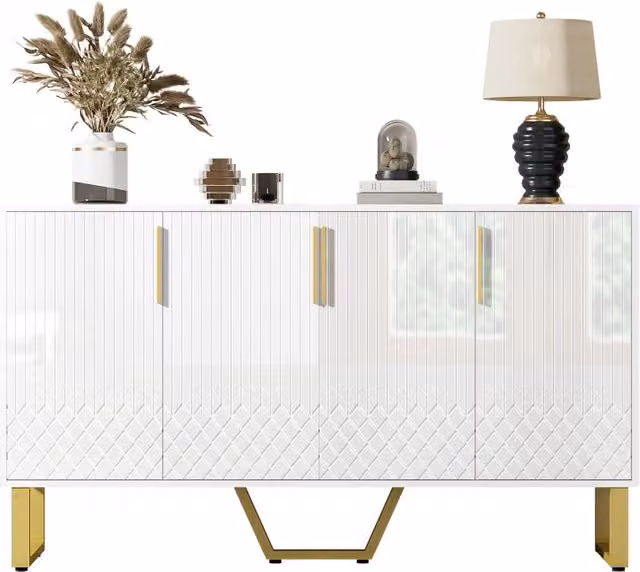 Credenza Bianca Lucida 4 Ante con Design Geometrico Moderno; Gambe in Metallo; 140x40x80 cm
