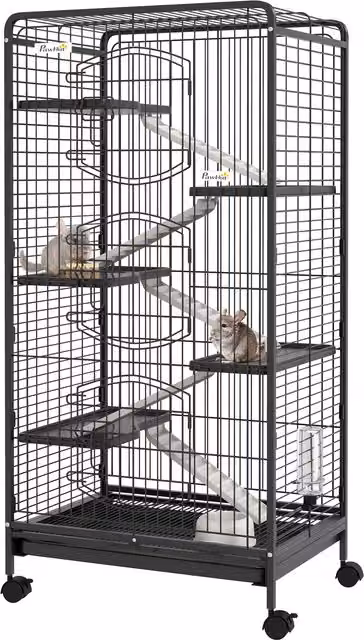 Gabbia per piccoli animali PawHut con ruote, 5 rampe, 5 piattaforme, ciotola e bottiglia, Nero, H: 131 cm, L: 64 cm, P: 43.5 cm