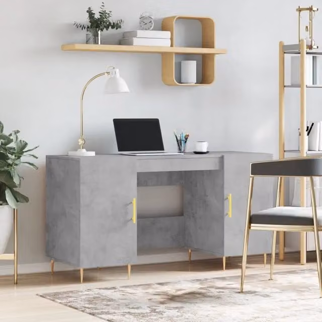 Scrivania vidaXL in stile industriale con piano in legno e struttura in metallo, Grigio e Oro, L 140 x P 50 x H 75 cm