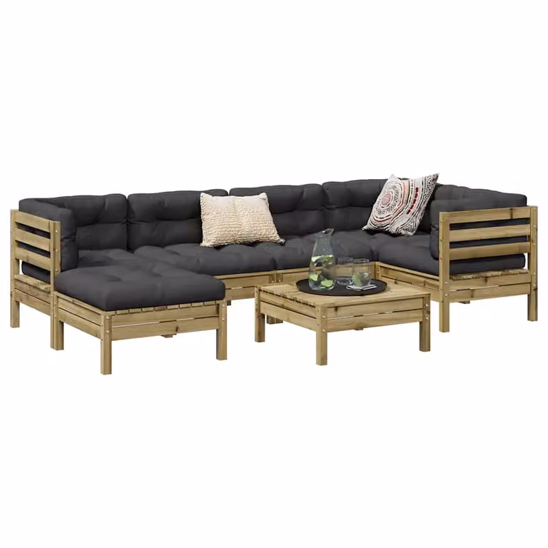 Set di divani da giardino vidaXL in legno di pino trattato con 7 pezzi e cuscini in stile rustico antracite, marrone e grigio