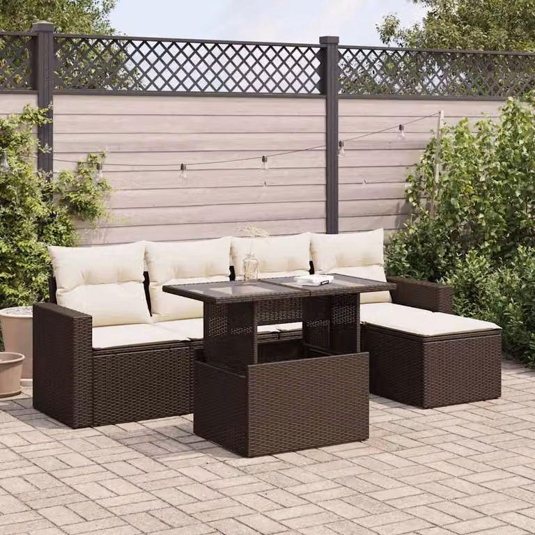 Set Divano da Giardino vidaXL 6 pz con Cuscini Marrone e Bianco in Polyrattan e Metallo