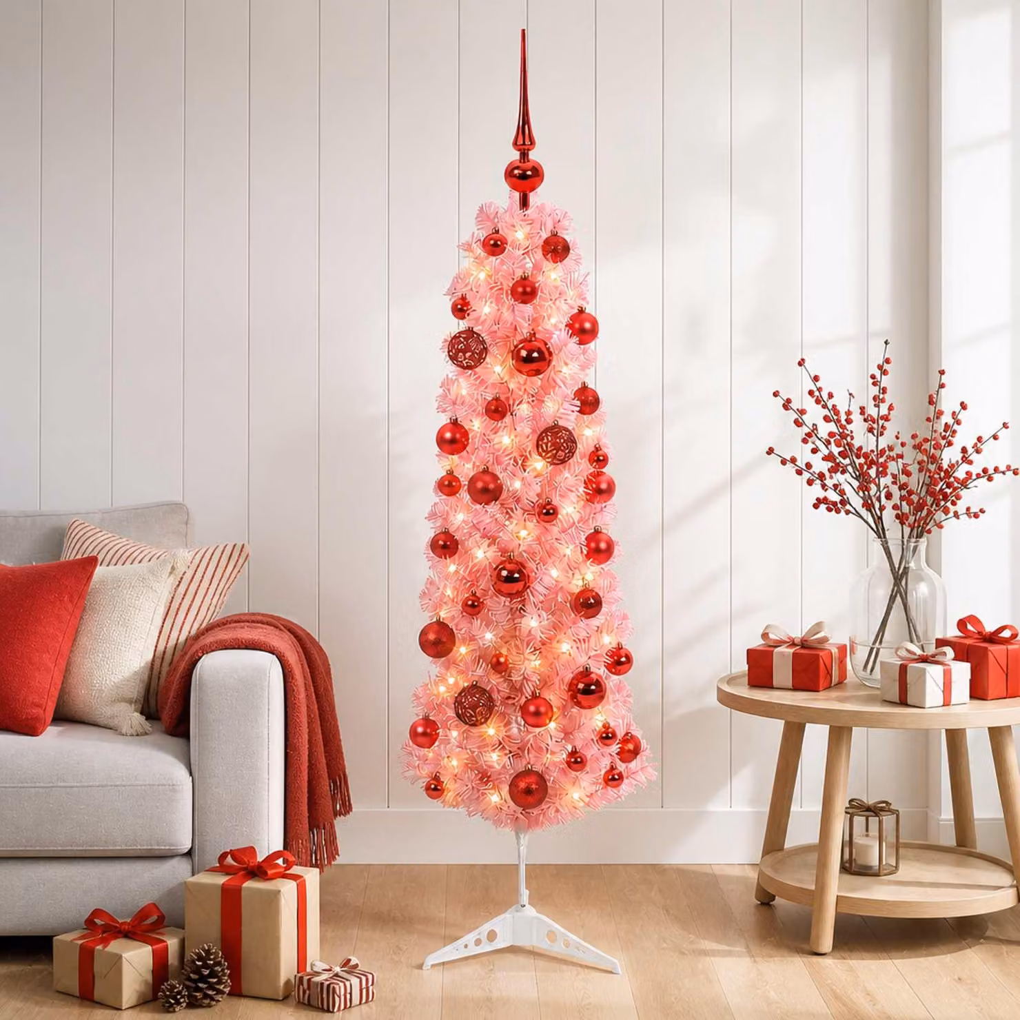 Albero di Natale artificiale, sottile, con palline, altezza 150 cm, 150 luci LED
