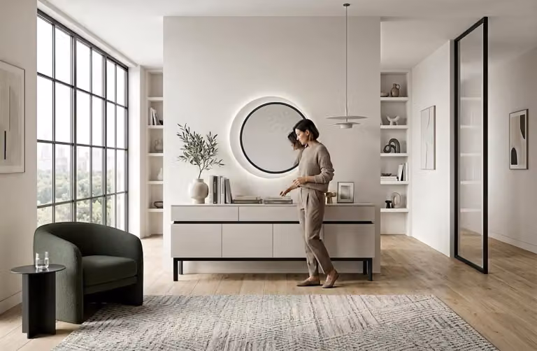 Set contenitore laterale, specchio da parete, design moderno, bianco, elegante, lussuoso, mobiletto