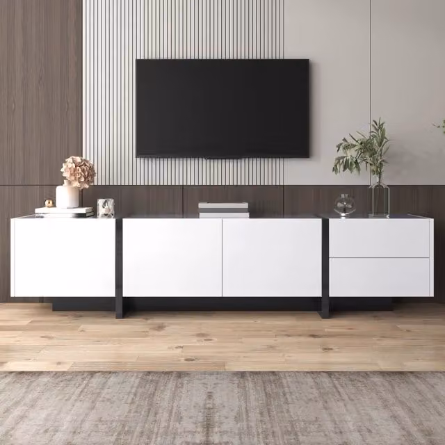 Mobile TV Lowboard ¨C MINIMAL ¨C Bianco Lucido e Nero, con Ante, Cassetti e Ripiani