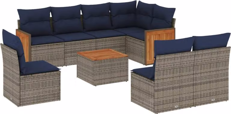Set Divani da Giardino 9 pz con Cuscini Grigio in Polyrattan