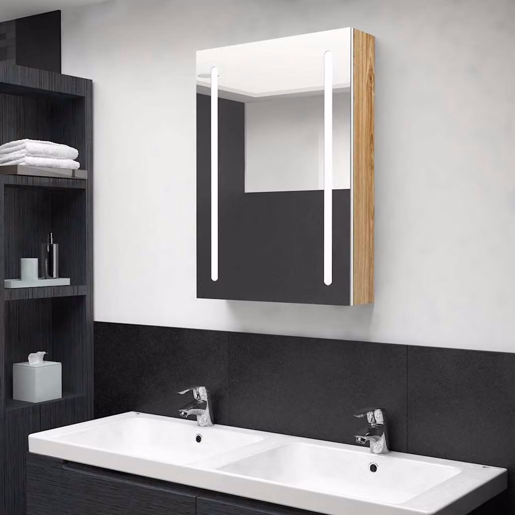 Armadietto da bagno con specchio e illuminazione LED vidaXL, Bianco e Rovere, L: 50 cm, P: 13 cm, H: 70 cm