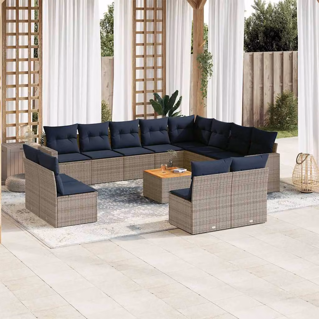vidaXL Set Divani da Giardino 13 pz in Polyrattan con Cuscini Grigio e Blu a Forma di U – 1