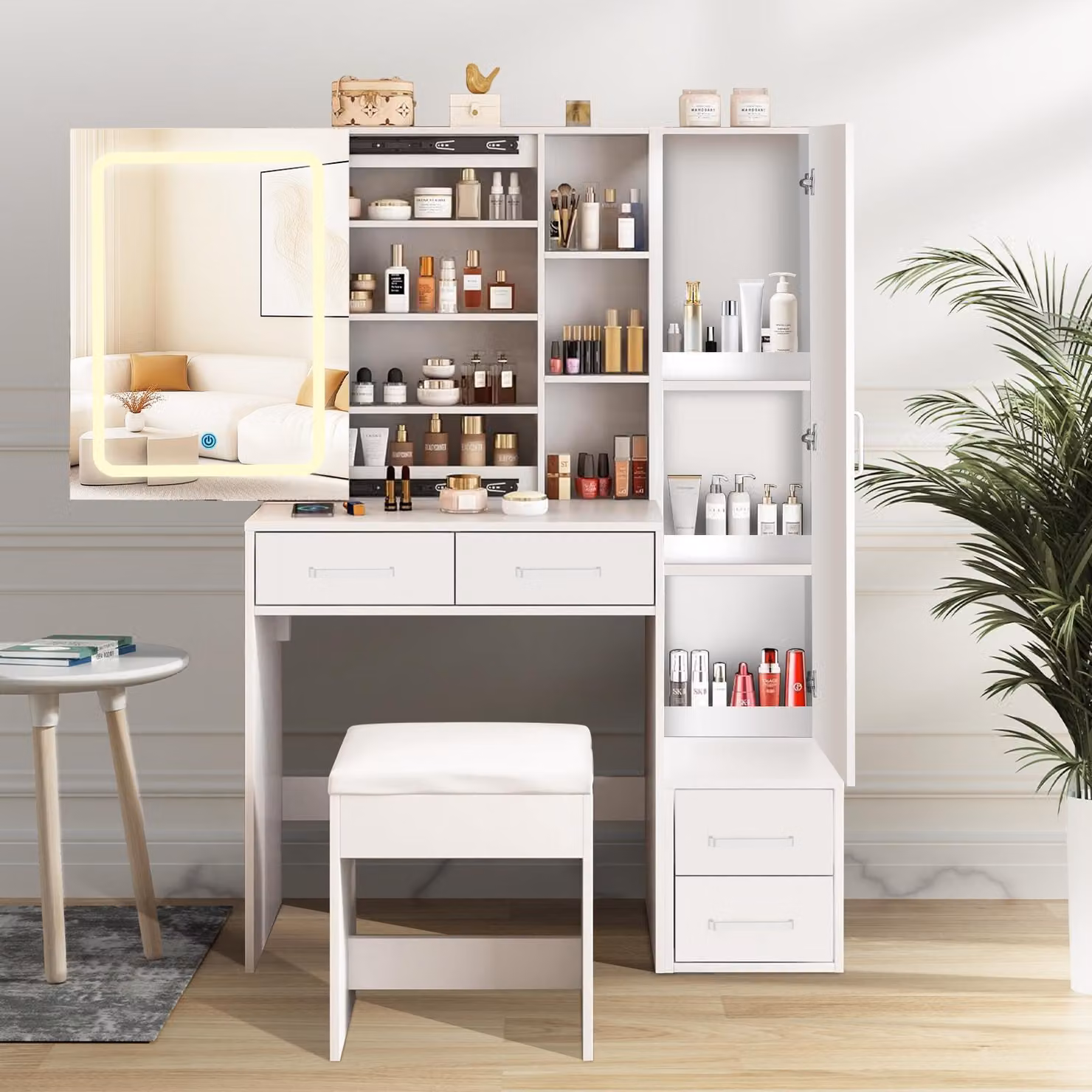 AIORBER Tavolino da trucco con illuminazione, con sgabello, 3 modalità di colore, ampio spazio di archiviazione, 4 cassetti e ripiano, moderno mobile da trucco, per camera da letto