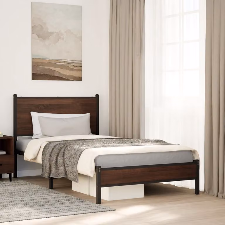 vidaXL Giroletto in metallo con doghe fisse color rovere marrone L/P/H: 200 x 100 x 91,5 cm