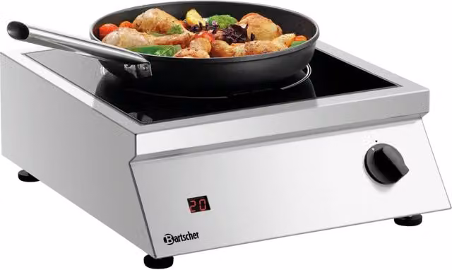 Fornello a induzione Bartscher ITH 35-265 nero e argento con display LED e rilevamento pentole, da appoggio in vetro e acciaio inox, L: 45,5 cm, P: 40,0 cm, H: 16,0 cm