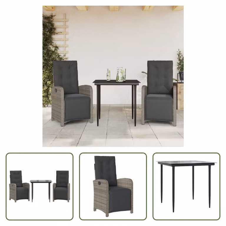 The Living Store Set bistrot 3 pezzi con cuscini in poly rattan grigio