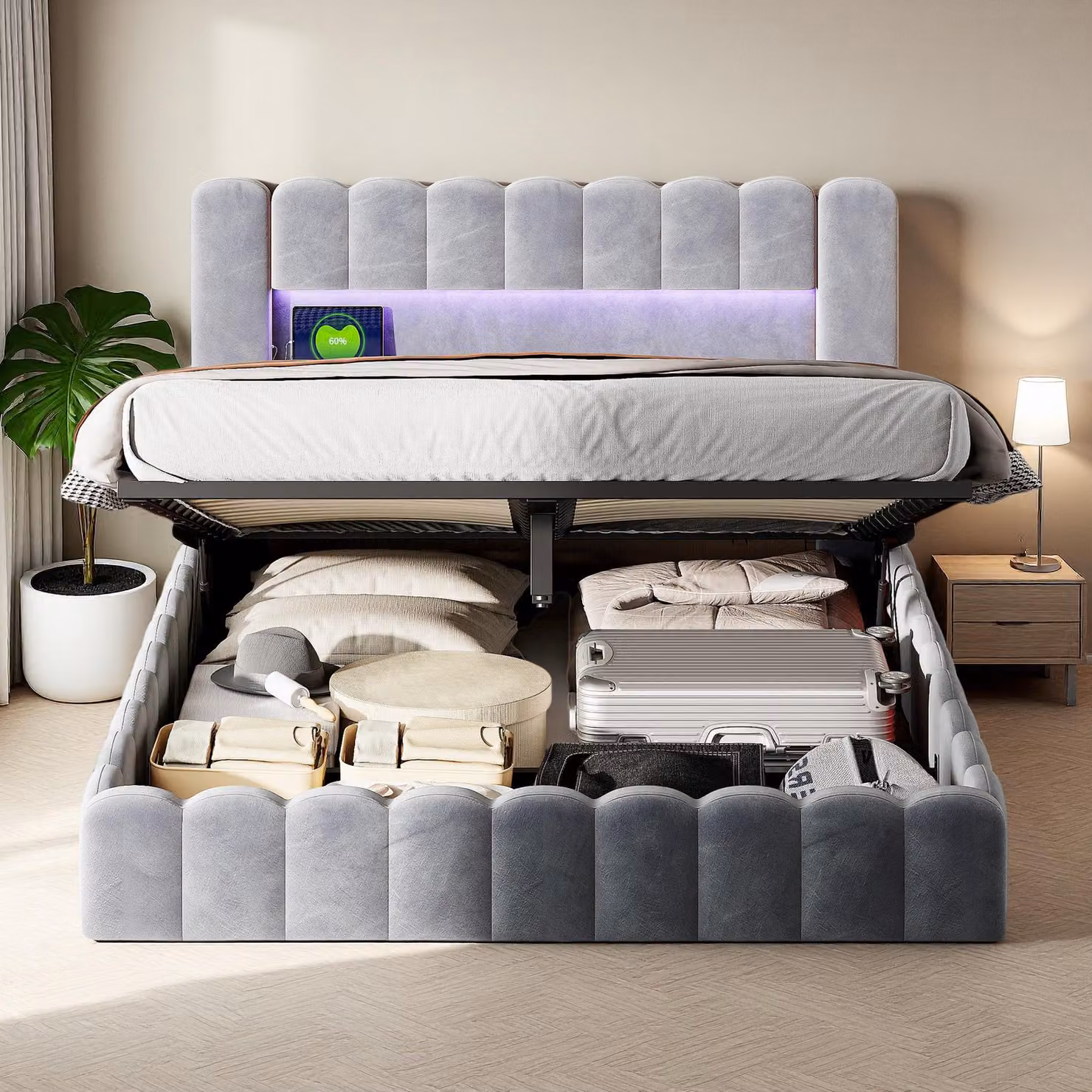 Letto imbottito UnboxG 180x200cm in velluto grigio, illuminazione LED, alzata idraulica e connessione USB, letto matrimoniale