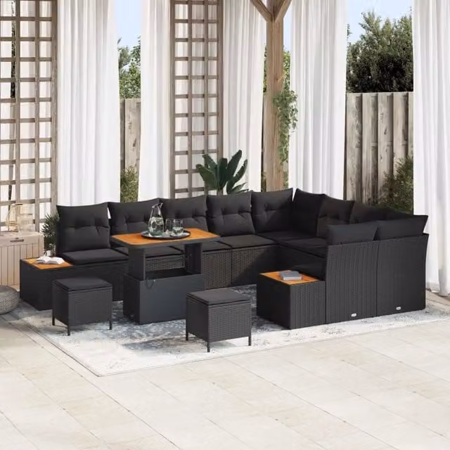 Set Divano da Giardino vidaXL a Forma a U con 12 Pezzi, Nero, con Cuscini e Tavolino da Esterno