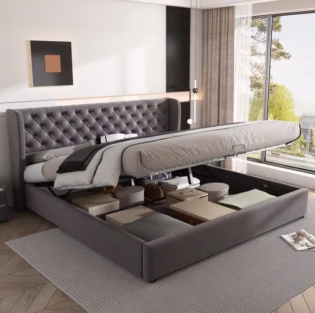 Letto Chesterfield 180x200 cm con contenitore idraulico in velluto grigio