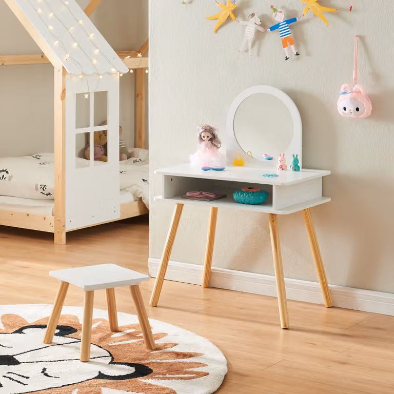 Tavolino da toilette per bambini con sgabello 'Ovanåker' Tavolino da toilette con specchio bianco/natura