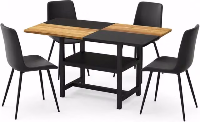 Tavolo da pranzo con 4 sedie 160x90 cm in MDF e metallo nero/marrone, ripiano integrato