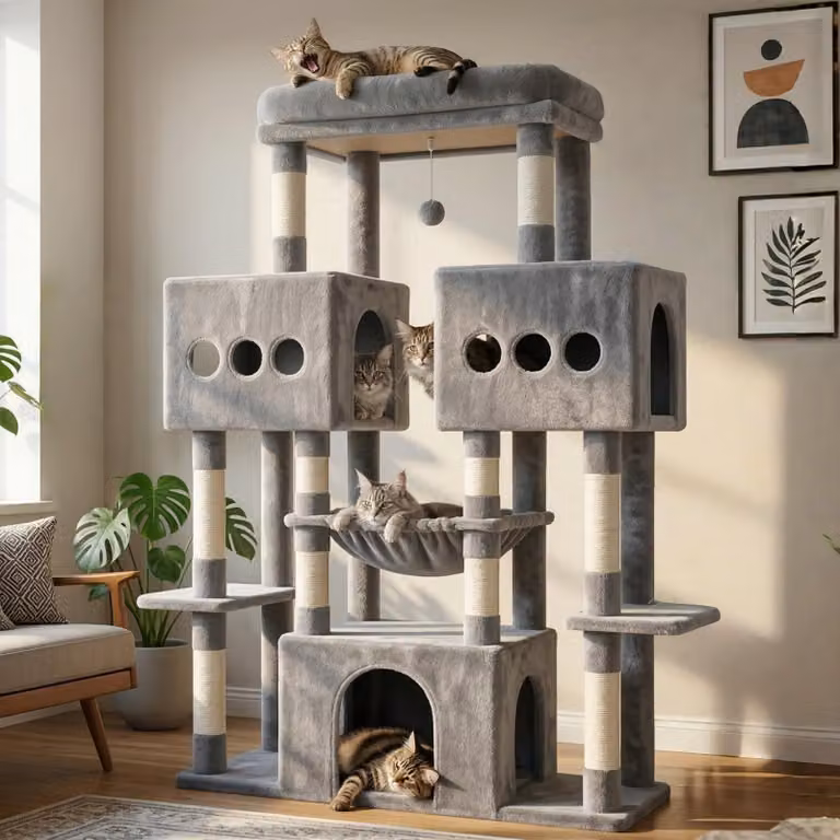 Albero per gatti stabile, alto 146 cm, con 3 piattaforme, 2 cucce per gatti, ideale per l'uso in casa