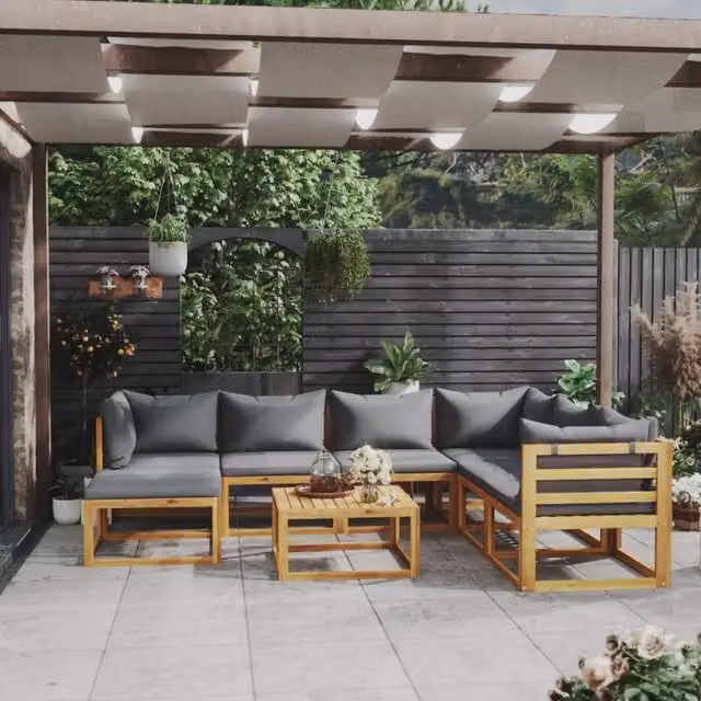Set da giardino moderno vidaXL in legno di acacia con 8 pezzi, composto da divano a L, pouf, tavolino e cuscini grigi con coperture rimovibili – 1
