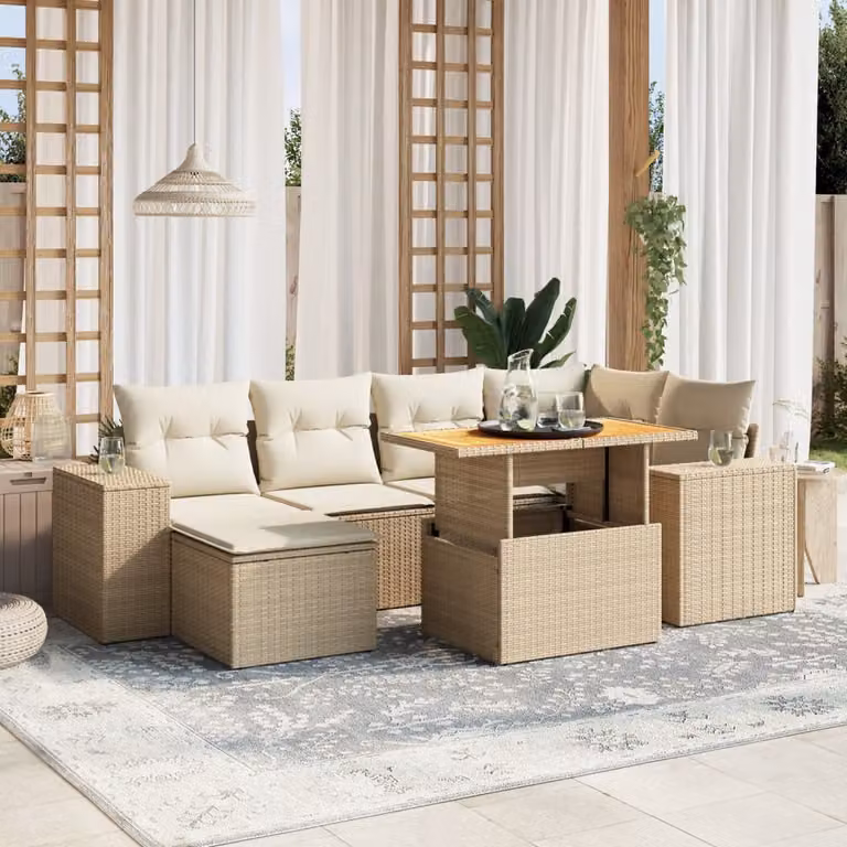 Set di divani da giardino vidaXL in polyrattan beige con cuscini e tavolino da esterno a forma di L