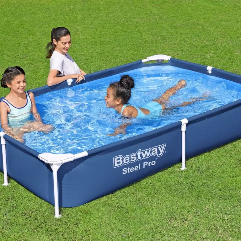 Piscina Bestway Steel Pro rettangolare - 221 x 150 x 43 cm - blu - include copertura - pacchetto manutenzione - pompa - telo di fondo