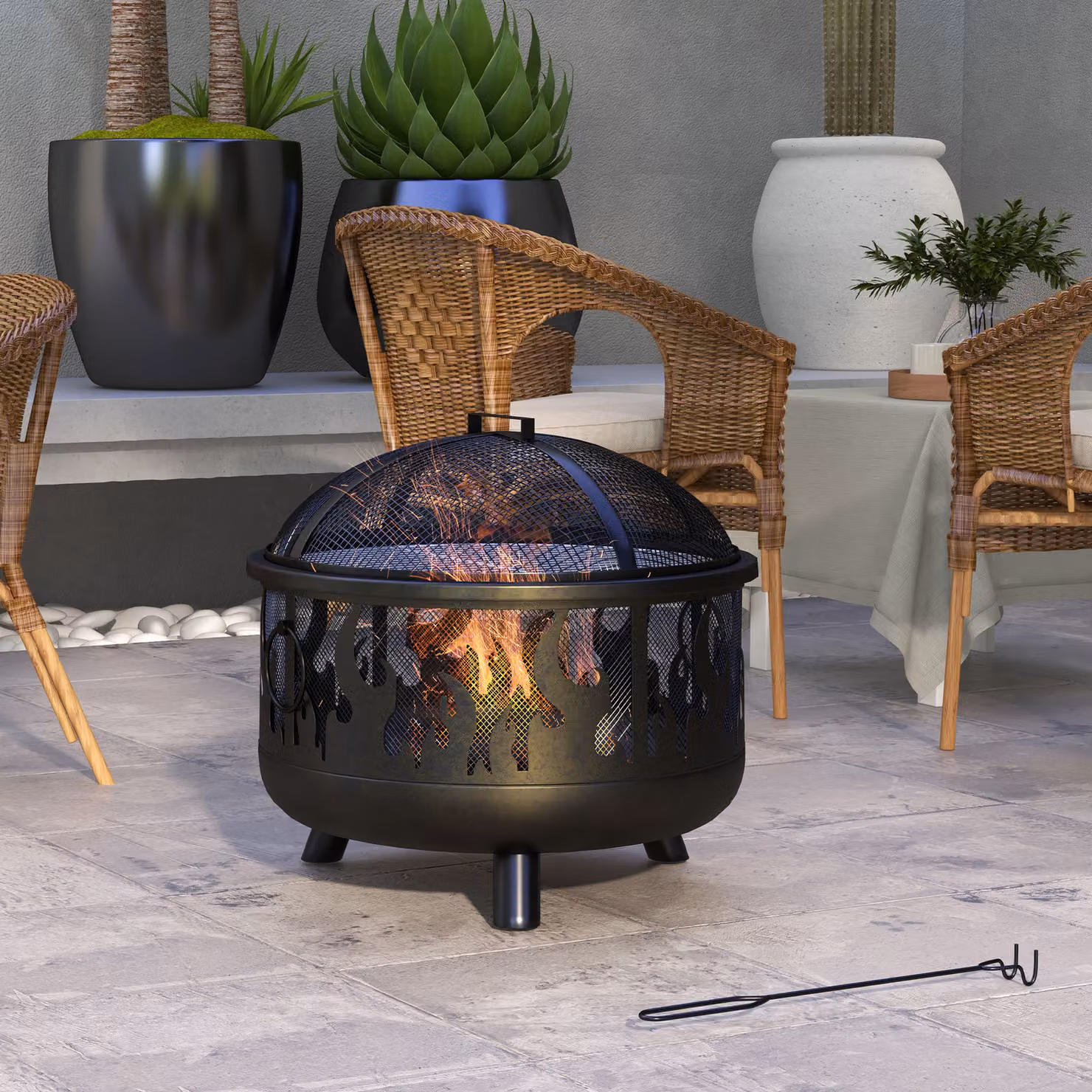 Braciere focolare Outsunny in acciaio nero con parascintille e attizzatoio, Ø 61,5 cm x H 52 cm – 2