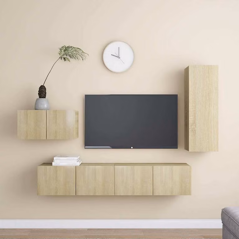Set di mobili porta TV moderno vidaXL in legno Rovere Sonoma, 4 pezzi, beige e marrone, sospesi a parete