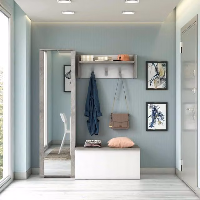 Mobile da ingresso Tanzanite, Entratina moderna con appendiabiti, Mobile con scarpiera, Armadietto con specchio, Cm 50x32h182, Bianco e Cemento