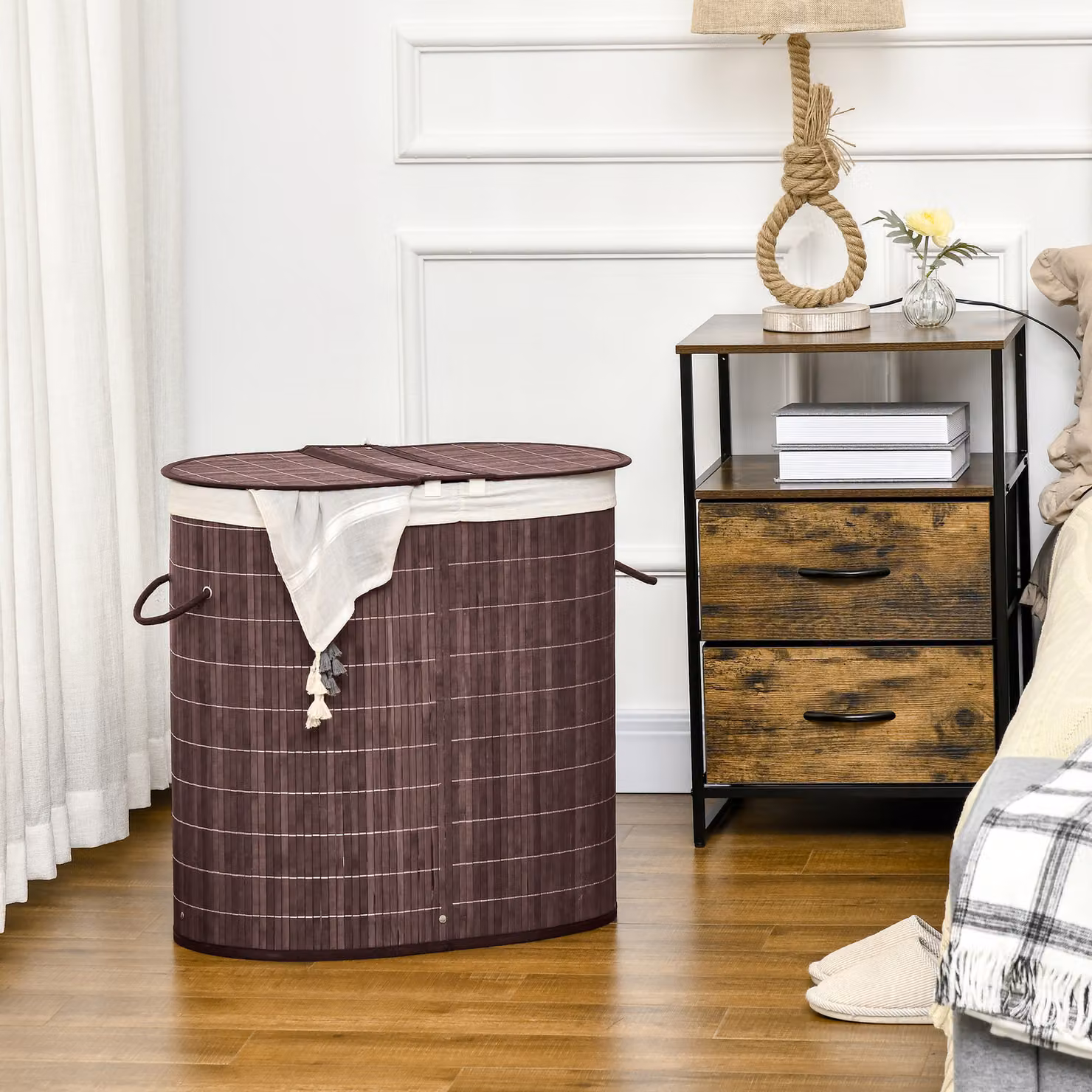 Cesto portabiancheria HOMCOM in bambù con coperchio removibile, capacità 100L, Marrone, L 38 cm x P 38 cm x H 57 cm – 2