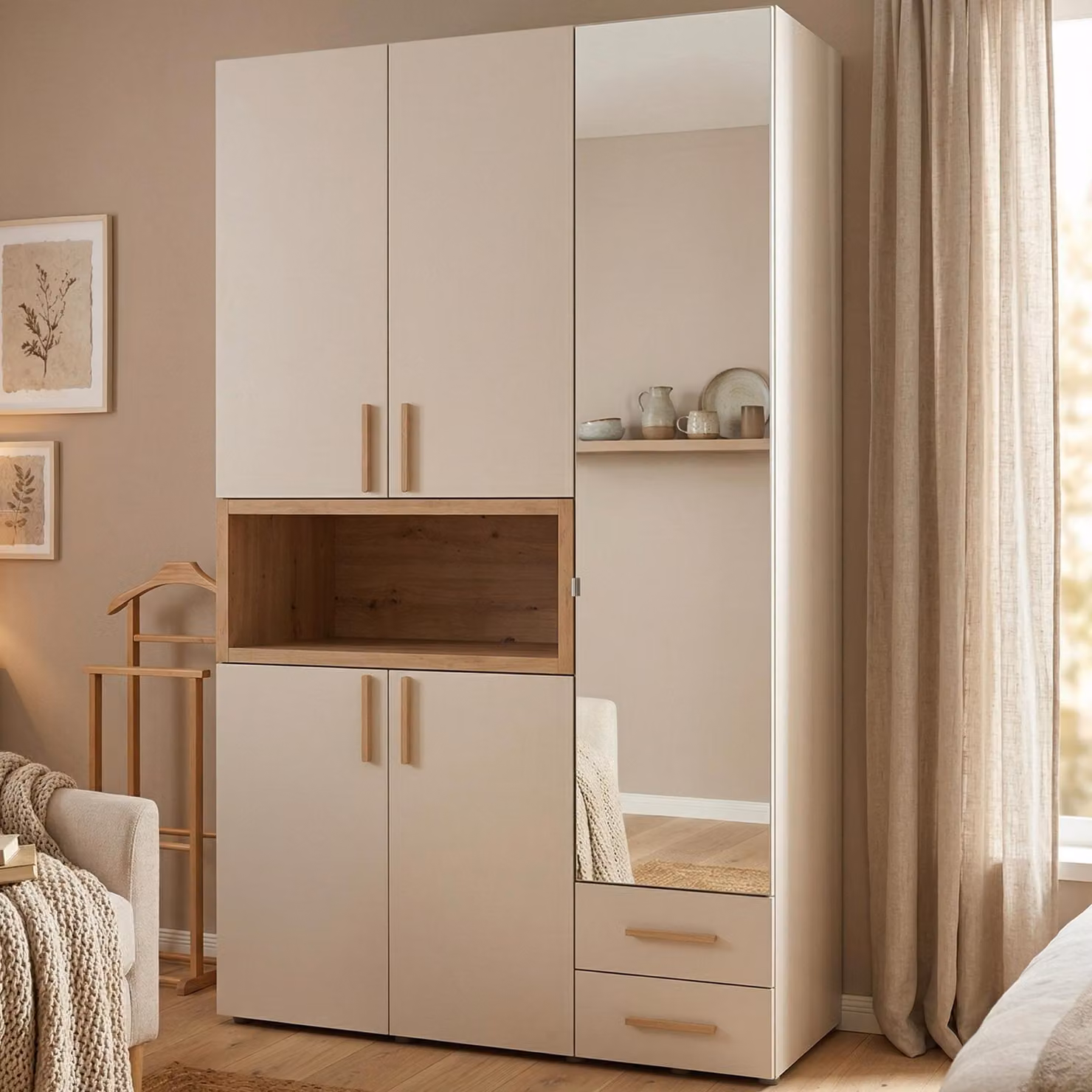 Dmora Guardaroba 3 Ante Pianezze 135x56 cm Beige, Appendiabiti 2 Cassetti
