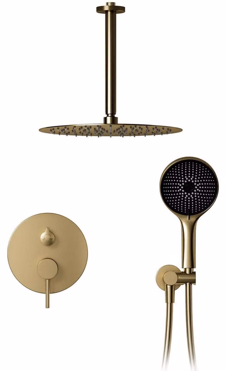 Sistema doccia da incasso, miscelatore 400x400 mm, finitura oro spazzolato, con soffione e doccetta manuale