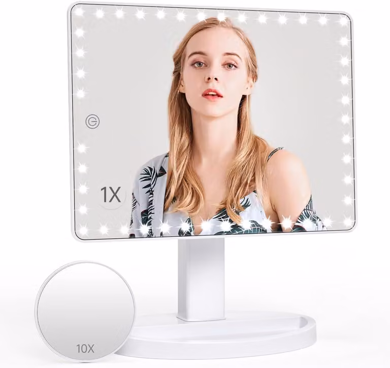Specchio da trucco con 45 LED, ingrandimento 10x, rotazione a 360°, ricaricabile